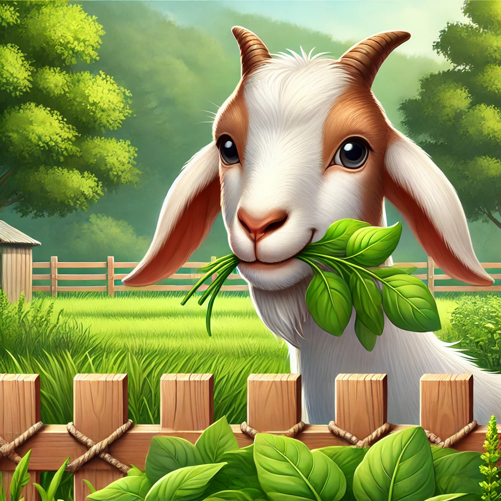 Kambing memakan daun hijau di bawah pohon, mendapatkan asupan pakan berkualitas untuk pertumbuhannya (ilustrasi). 