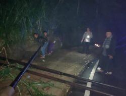 Kabel Terjerat Truk, Tiga Tiang Telkom Roboh Tutupi Jalan Raya Kawali-Cirebon