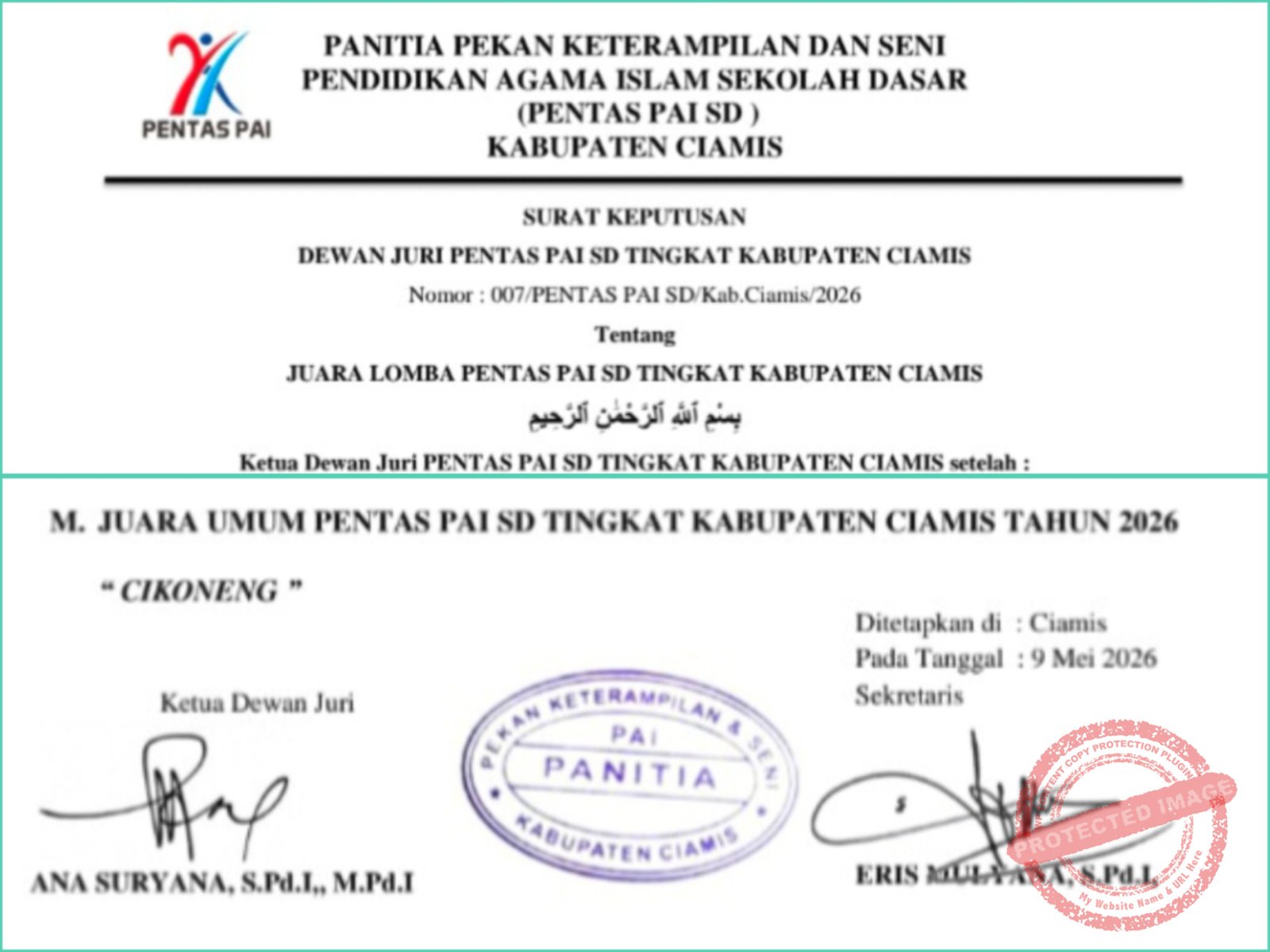 Kecamatan Cikoneng Juara Umum Pentas PAI SD Ciamis 2026