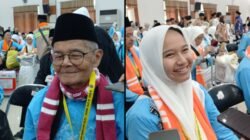 Jemaah Haji tertua kloter 31 Ciamis, Rusdi Maedi (kiri). Jemaah Haji termuda Dali Muharramatur Rabiah (kanan).