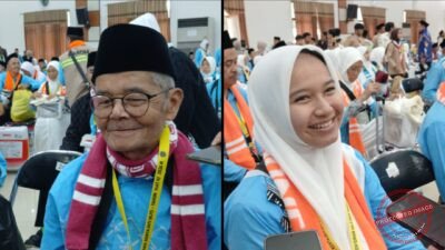 Jemaah Haji tertua kloter 31 Ciamis, Rusdi Maedi (kiri). Jemaah Haji termuda Dali Muharramatur Rabiah (kanan).