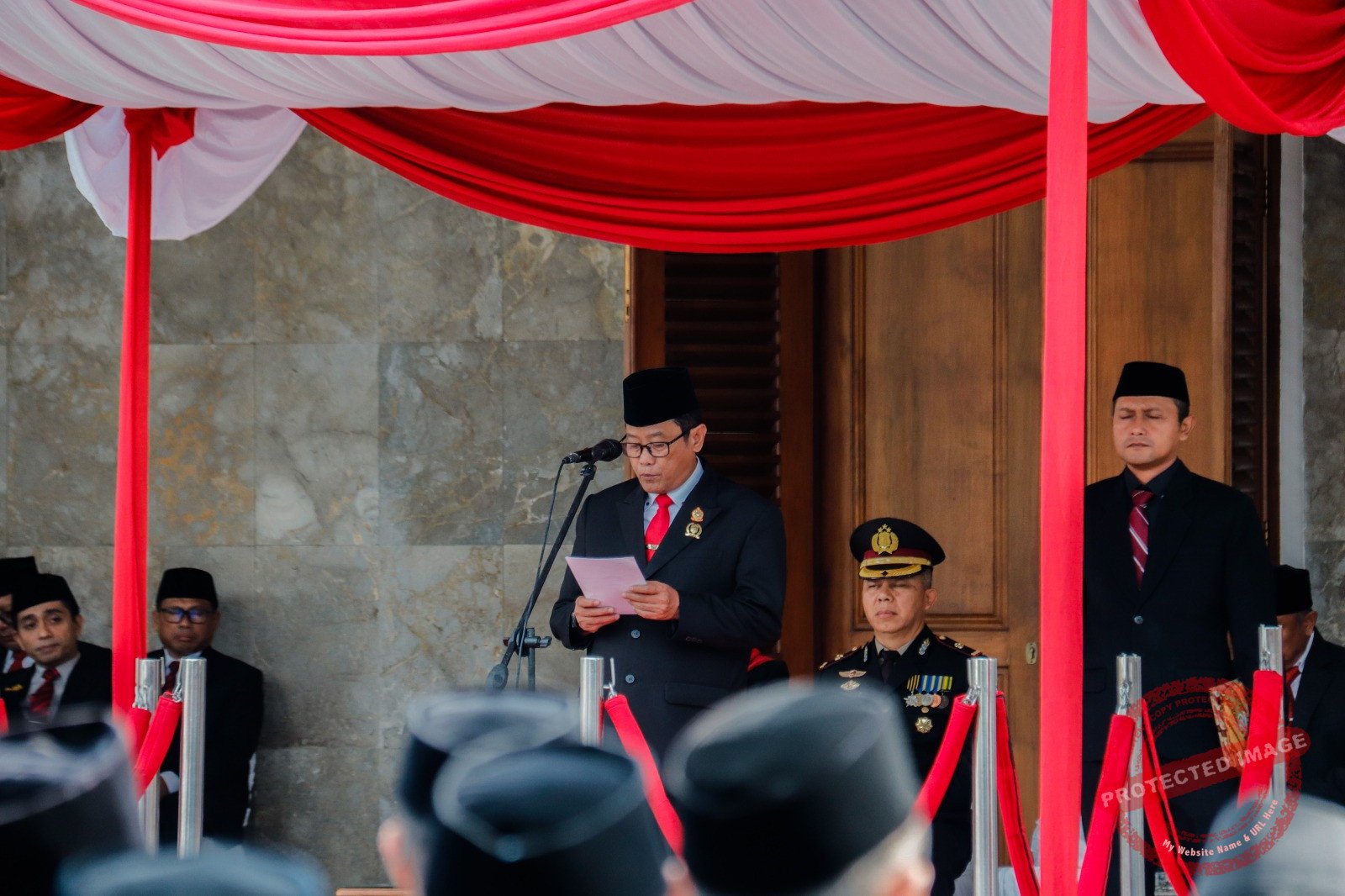 Nanang Permana, Ketua DPRD Ciamis saat membacakan amanat tertulis dari Kepala Badan Pembinaan Ideologi Pancasila (BPIP) RI, Yudian Wahyudi. 