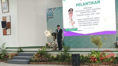 Bupagi Ciamis, Herdiat Sunarya saat memberikan sambutan pada Pelantikan Pimpinan Badan Amil Zakat Nasional (BAZNAS) Kabupaten Ciamis Periode 2026-2031. (Dok, foto. Kondusif.com)