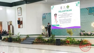 Bupati Ciamis Herdiat Sunarya saat sambutan di pelantikan jajaran pimpinan Badan Amil Zakat Nasional (BAZNAS) Kabupaten Ciamis periode 2026-2031. (Dok, foto. Kondusif.com)