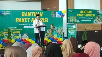 Bupati Ciamis, Herdiat Sunarya saat memberikan sambutan di acara bantuan paket nutrisi Indomaret dan Helatyway kids. (Dok, foto. Kondusif.com/fauza).