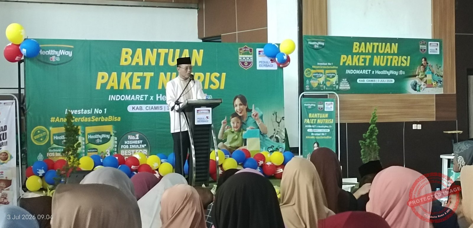 Bupati Ciamis, Herdiat Sunarya saat memberikan sambutan di acara bantuan paket nutrisi Indomaret dan Helatyway kids. (Dok, foto. Kondusif.com/fauza).